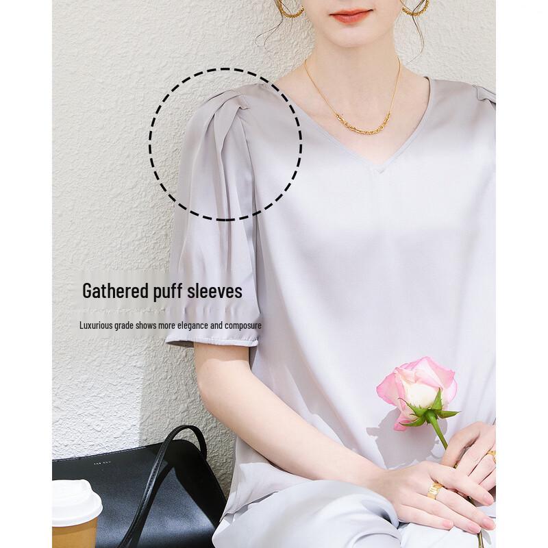 TUHUANG Women's Mulberry Silk V-Neck Puff Sleeve Blouse