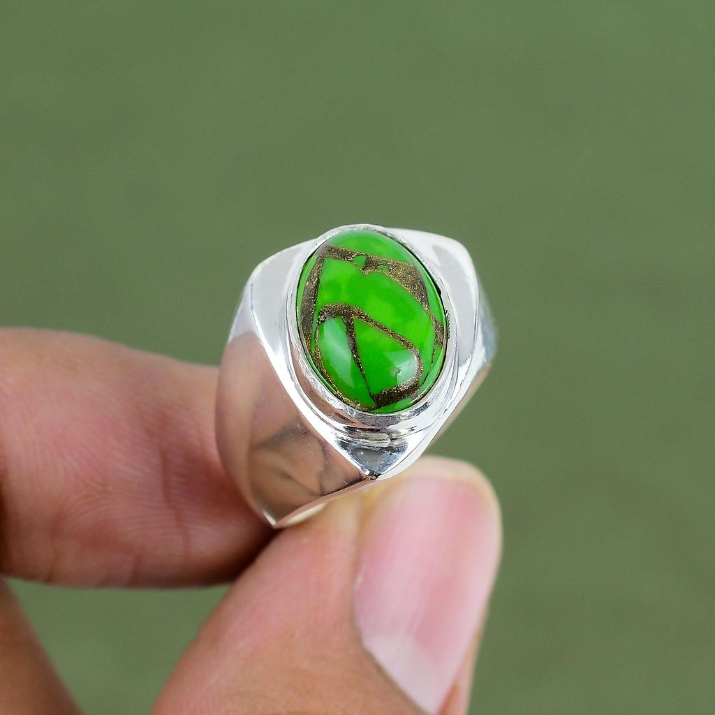 Copper Green Turquoise Ring 925 Sterling Silver Ring Real Gemstone Ring Unique Design Jewelry Handmade Ring For Gifts Available In Ring Size
