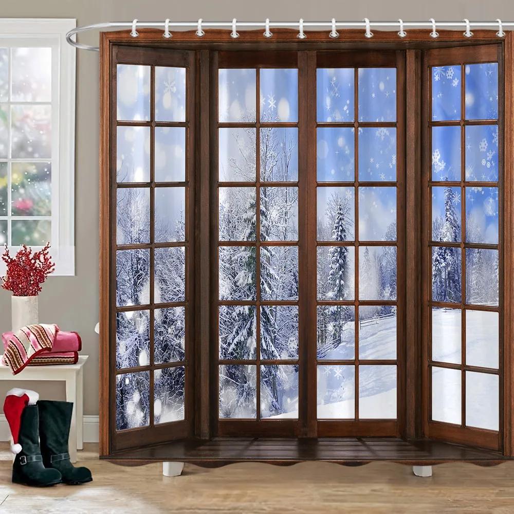Winter Outdoor Forest Snow Shower Curtain Simulation Window Landscape Polyester Fabric Water Shower Curtains Bathroom Decoration