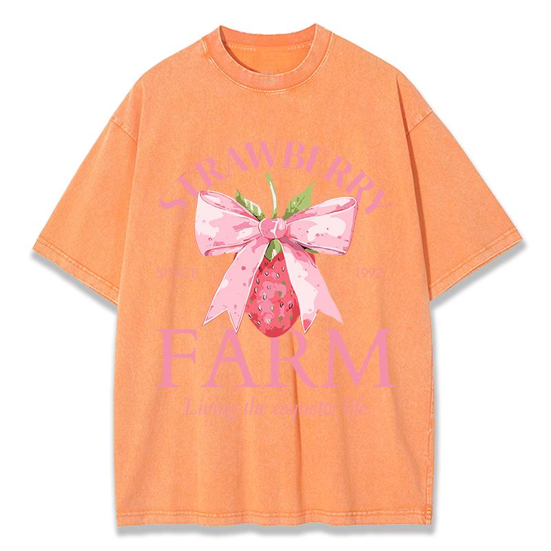 Strawberry Farm Printing Washed TShirts Womens Cotton Tops Distressed ONeck Comfortable T Shirt Summer Casual Womans Clothes