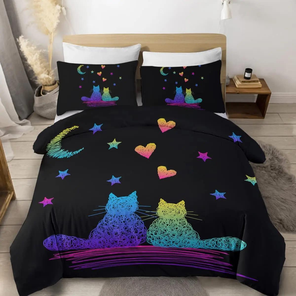 

Witch Black Cat Duvet Cover Set Full,Cat Sitting On Moon Bedding Set Vintage Gothic Animals Cat Comforter Cover 2/3pcs Bed Sets 135x200cm