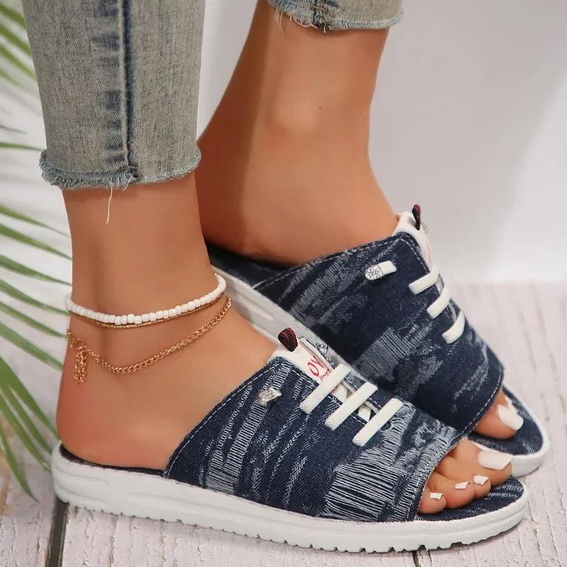 New Canvas Slippers for Women Summer Breathable Sandals Open Toe Ladies Denim Comfort Flat Shoes Zapatos Mujer Size 43