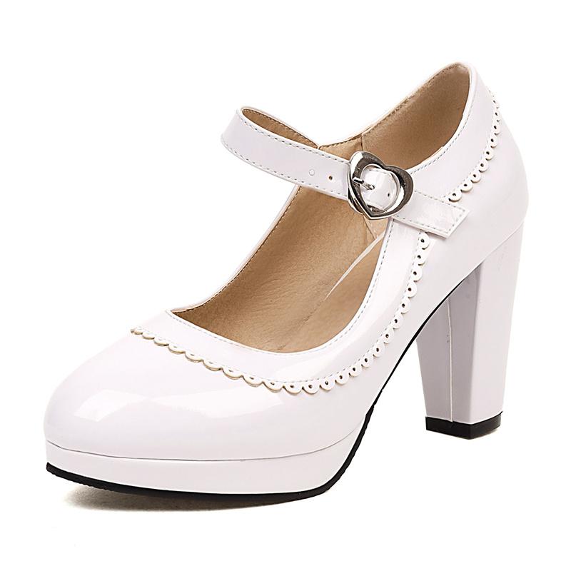 

Blue Platform Mary Janes Women High Block Heel Pink Red Bordered Patent Leather Party Dress Lady Sweet Heart Buckle Lolita Pumps 33 белый