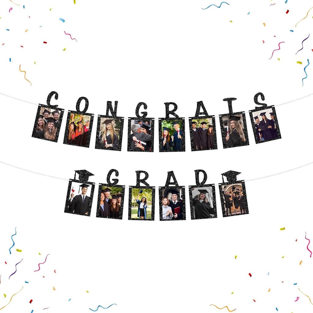 Senior Photo Banner Congrats Grad Paper Photo Frame High School College Graduation Bunting Decorations Congrats Senior Picture Banner Gold Glitter