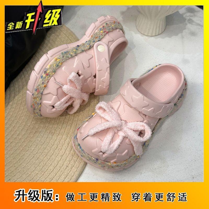 Fashion Platform Fairy Wind Bow Hole Shoes Girl Heart Cute Beach Cool Slippers 2025 Summer New