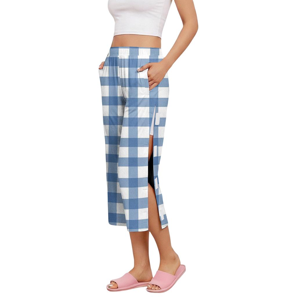 Pantaloni Capri da Donna per il Recupero Post-Chirurgico con Apertura Laterale, Vita Elastica, Leggeri, Comodi, Vestibilità Larga, Fantasia a Quadri