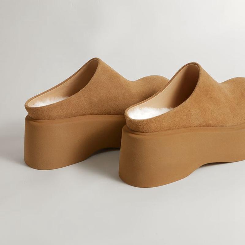 Fashion Women's New Leather Cow Suede Thick Soled Waterproof Platform High Heels, Warm Wool Boken Shoes, Shallow Mouth Mueller Shoes