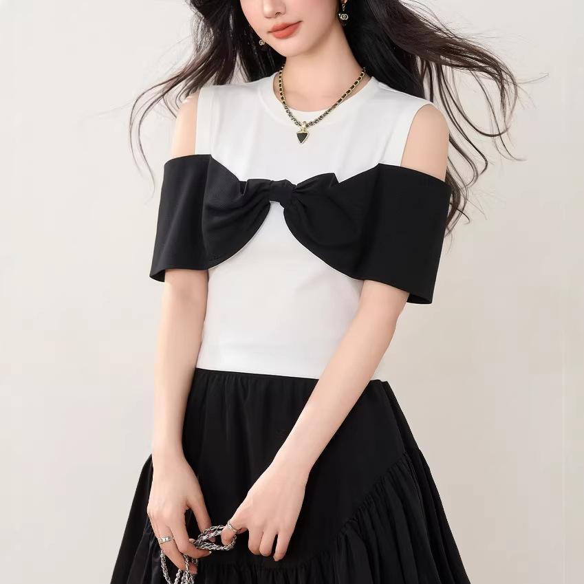 Korean version of round neck contrasting color knitted sweater short sleeve women s summer new beautiful slim top tide S чёрный