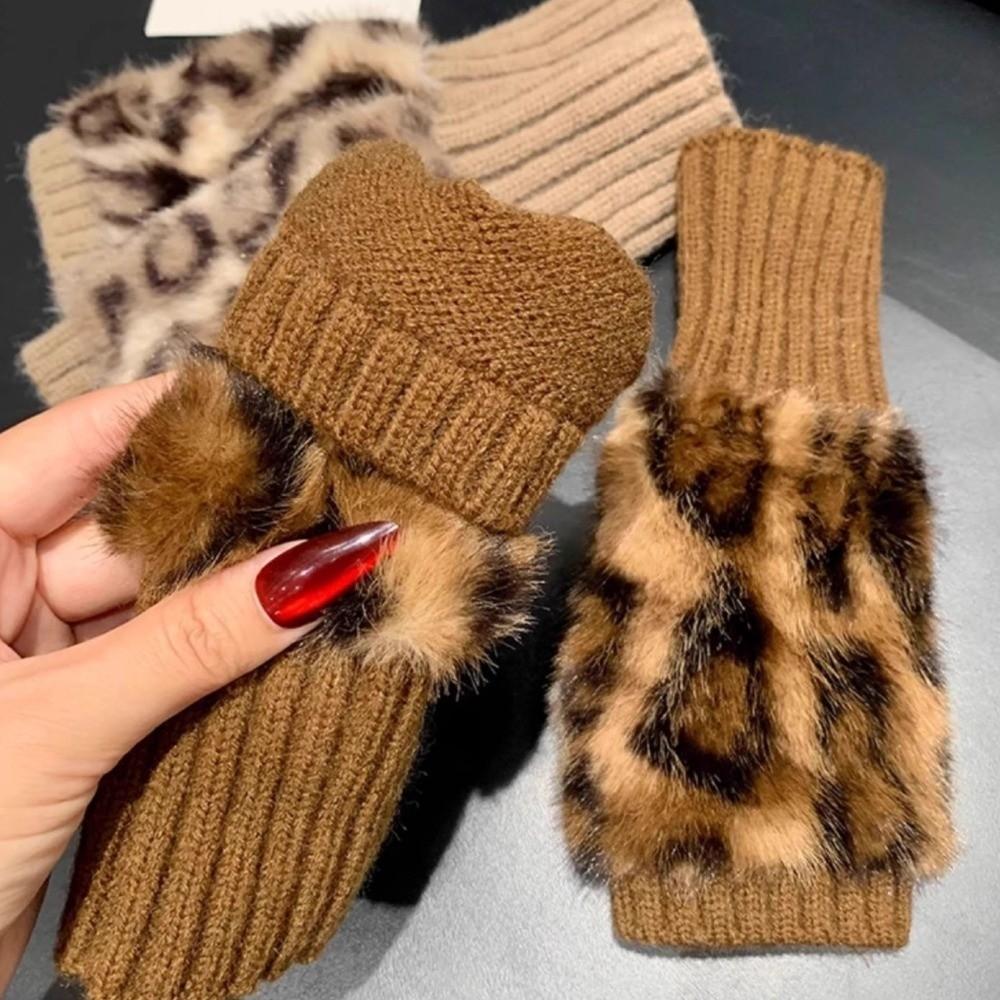 Soft Plush Fingerless Gloves Warm Leopard Print Gloves Vintage Half-Finger Gloves Women