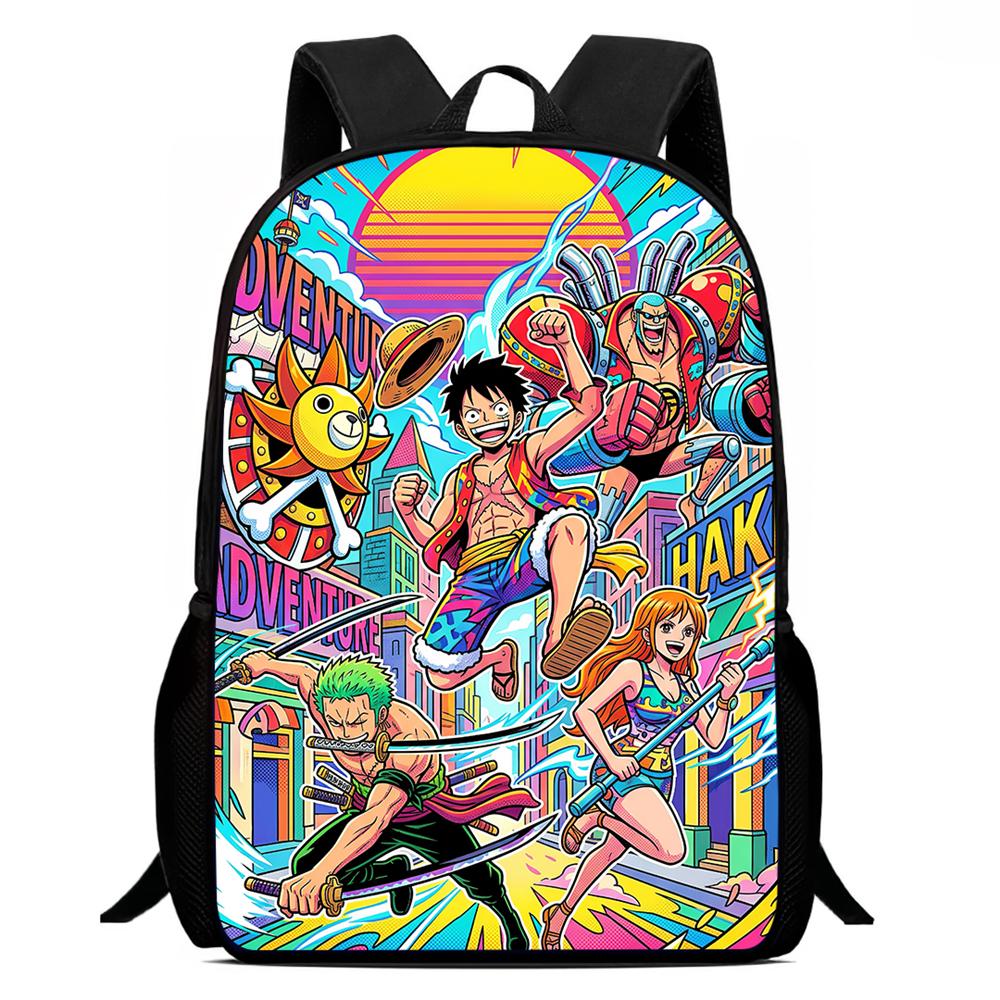 15 Inch Cartoon One Piece Mochila Backpack, Light Weight Unisex School Backpack for Boys Girls Age 6-10 Casual Travel Daypack