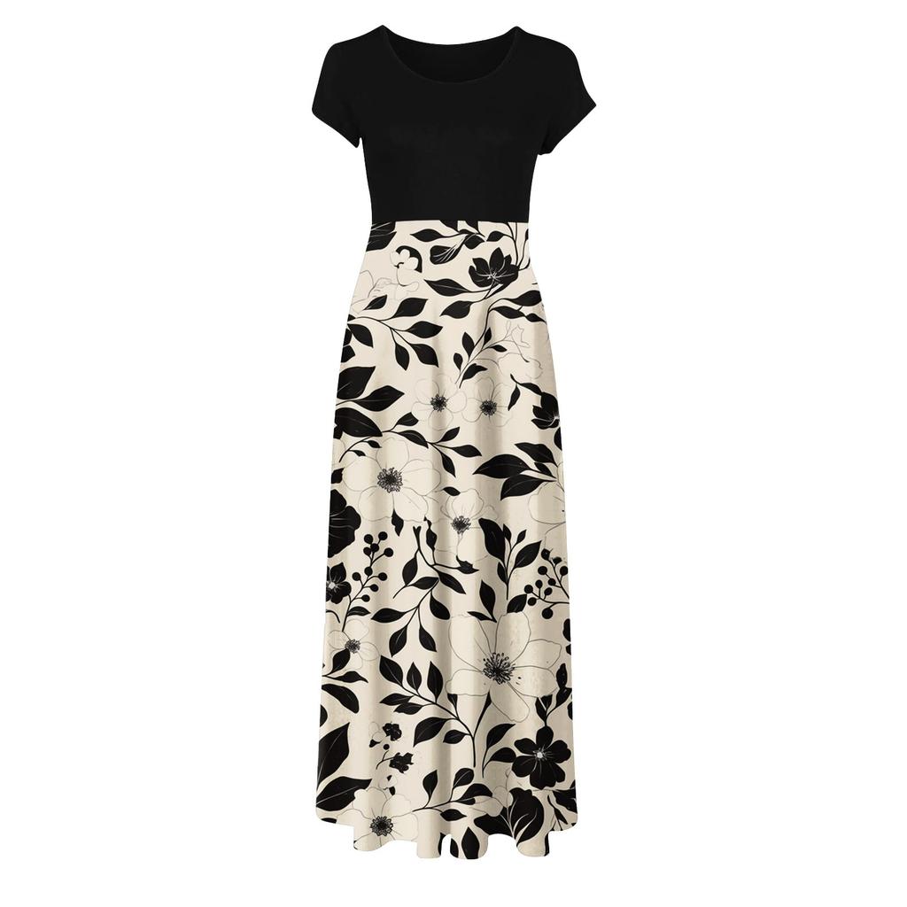 Women's Fashion Casual Loose Printed Round Neck Short Sleeve Long Dresses Short Sleeve Long Dresses