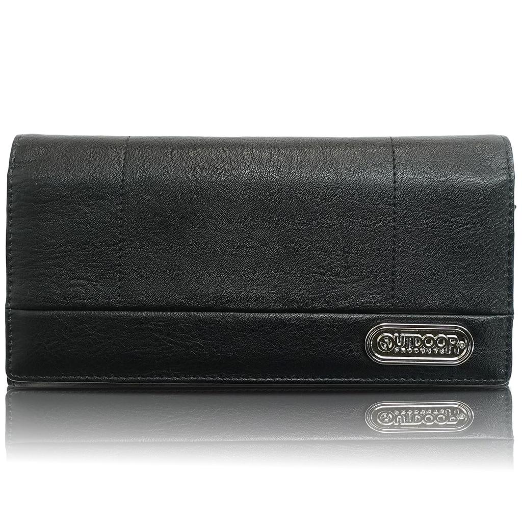 Outdoor Products Long Wallet with Synthetic Leather, Card Slots, Bill Slots, Coin Purse, Stitching, Metal Plate, Black