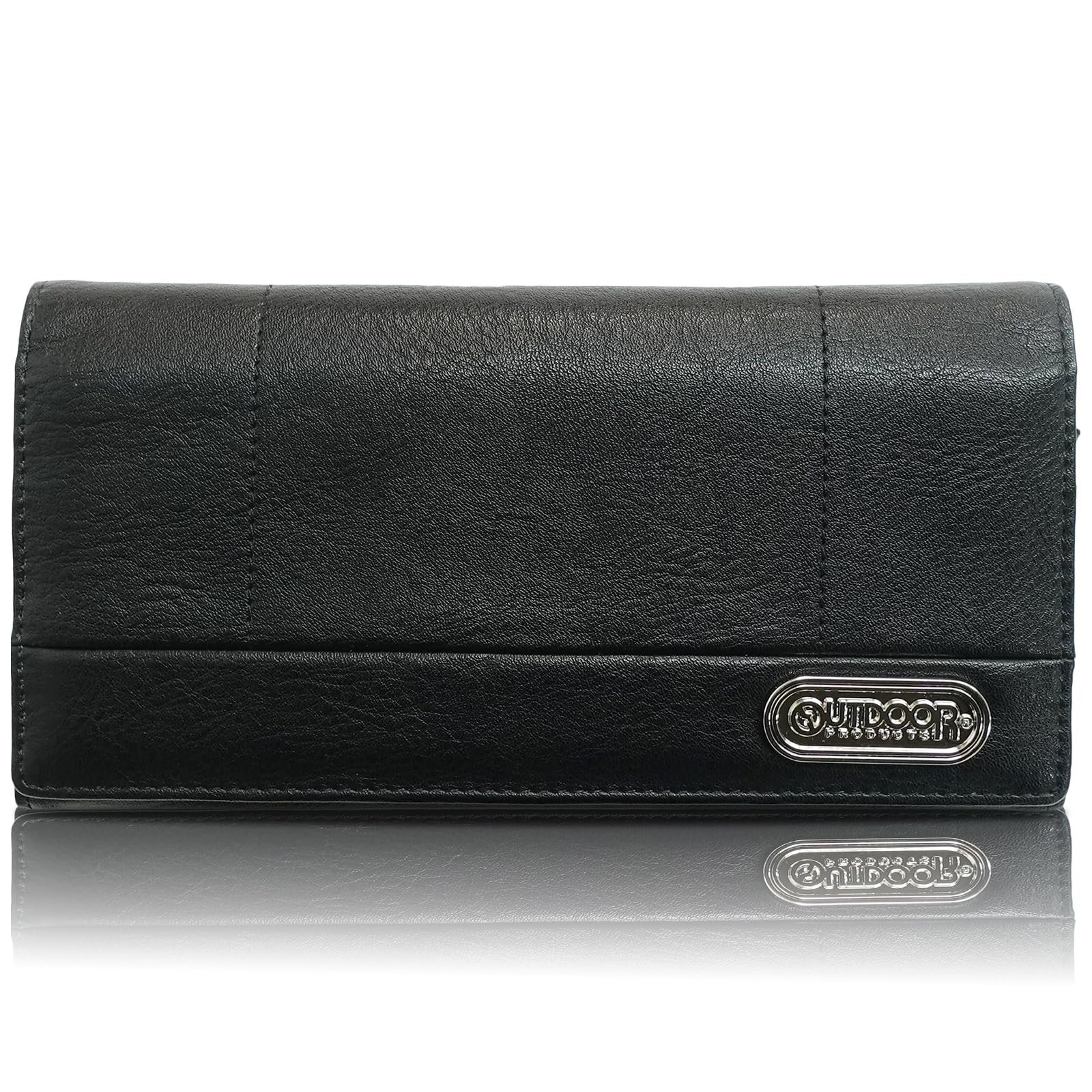

Outdoor Products Long Wallet with Synthetic Leather, Card Slots, Bill Slots, Coin Purse, Stitching, Metal Plate, Black