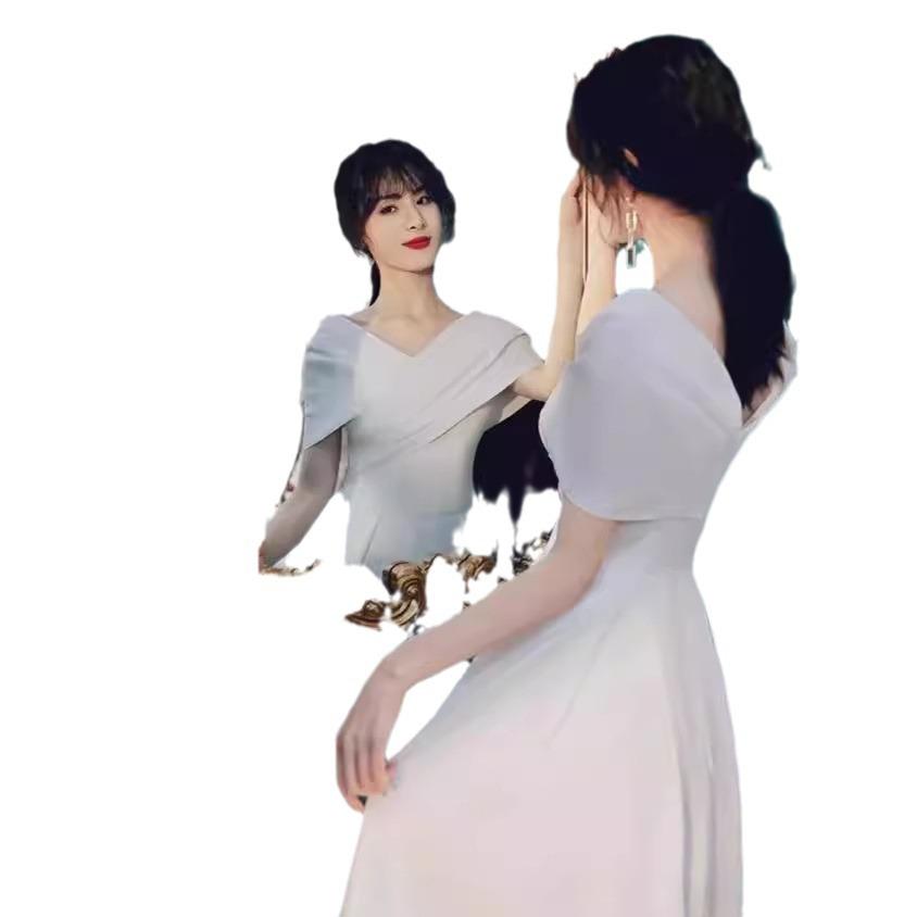White Certificate Registration French Evening Dress Dress Women's Light Luxury Public Temperament Engagement Dress Small People Can Usually Wear