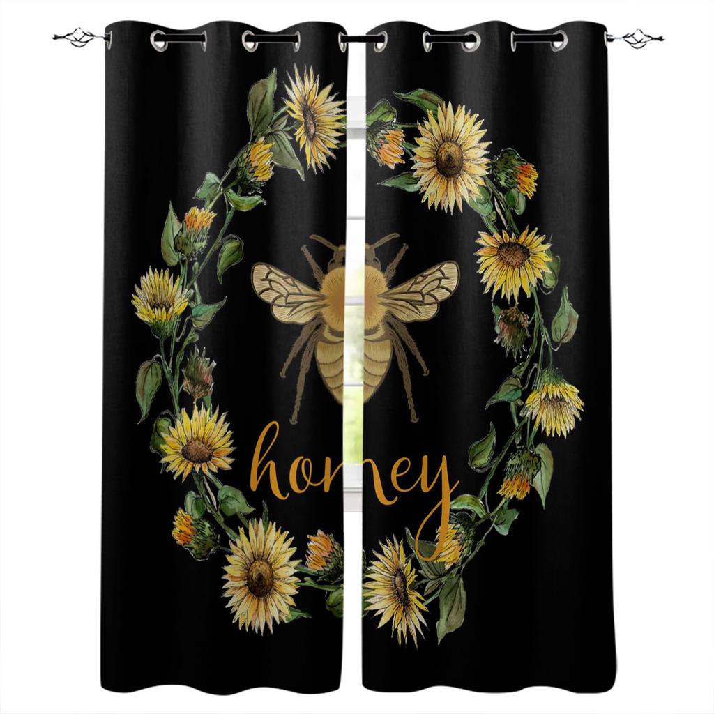 Retro Bee Sunflower Wreath Black Blackout Curtains For Living Room Bedroom Printed Window Treatment Drapes Home Decor
