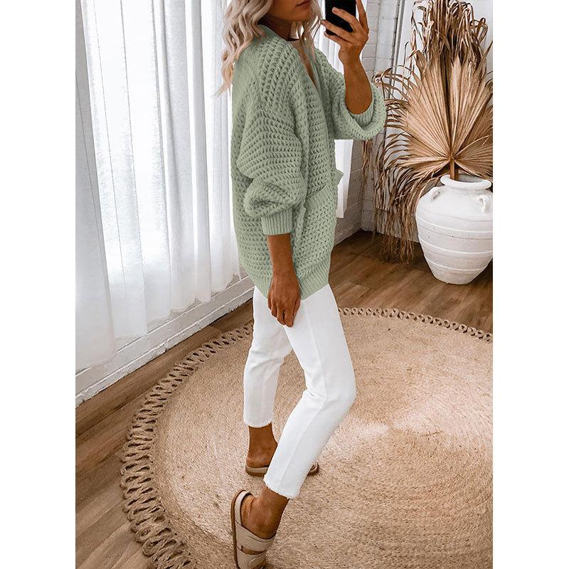 Women S Loose V Neck Lantern Sleeve Button Front Knit Cardigan Sweater
