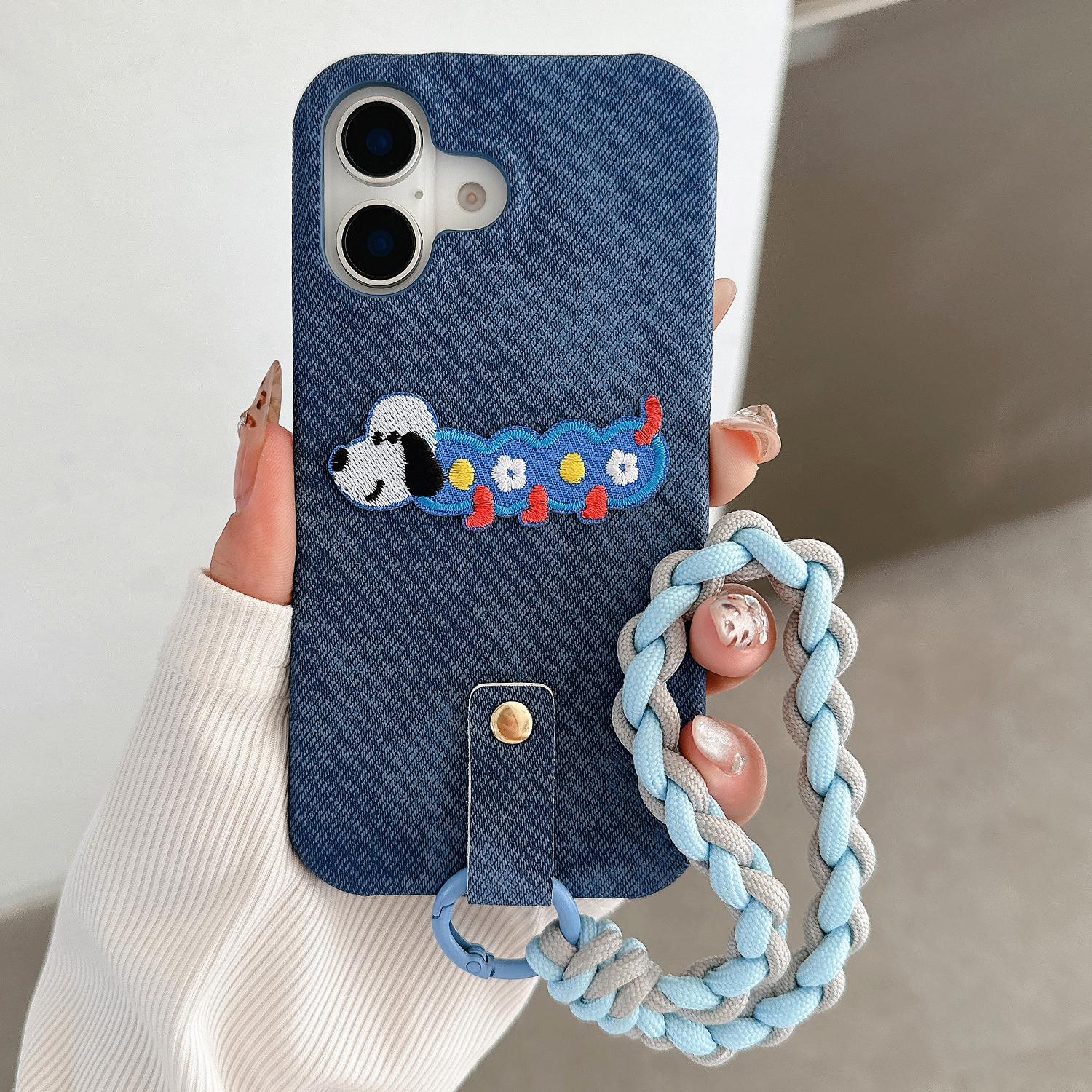 

Чохол для iPhone 16 Plus з тканини денім PU+PC Задня кришка телефону з плетеним зручним ремінцем, візерунок собаки Dark Blue