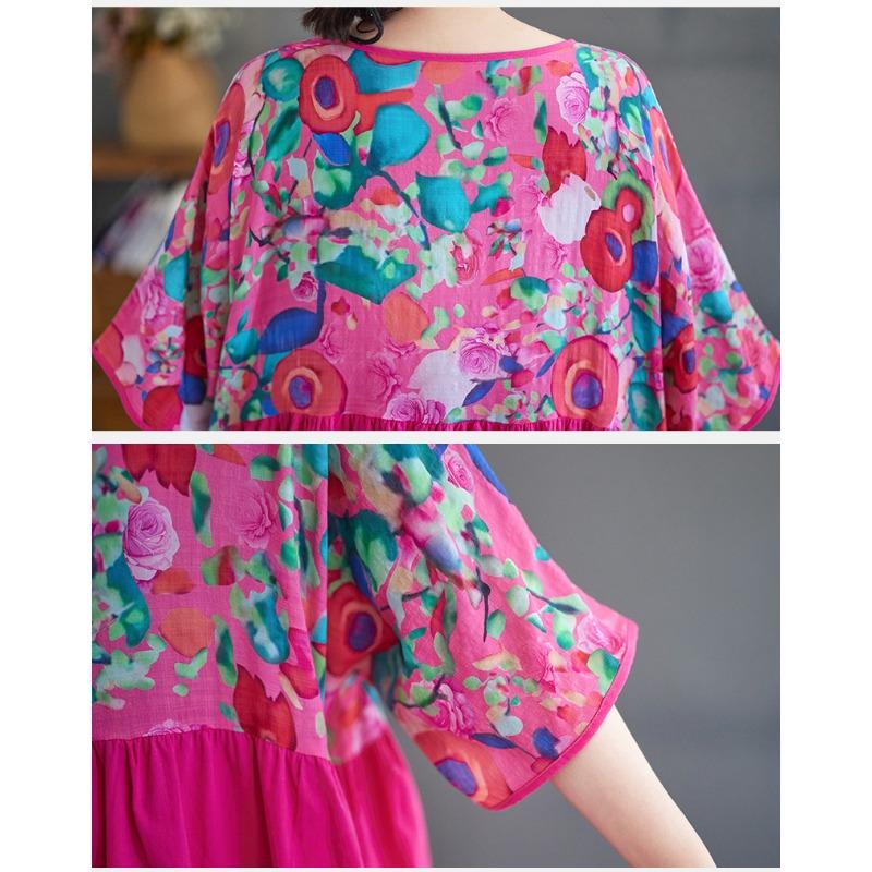 Dimanaf 2025 Women Plus Size Summer Dress Basic Vintage Long Floral Pleated Dress Loose Casual Printing Maxi