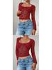 Spring/Summer European-American Sexy Slim Fit Hollow Out Long Sleeve Lace Top