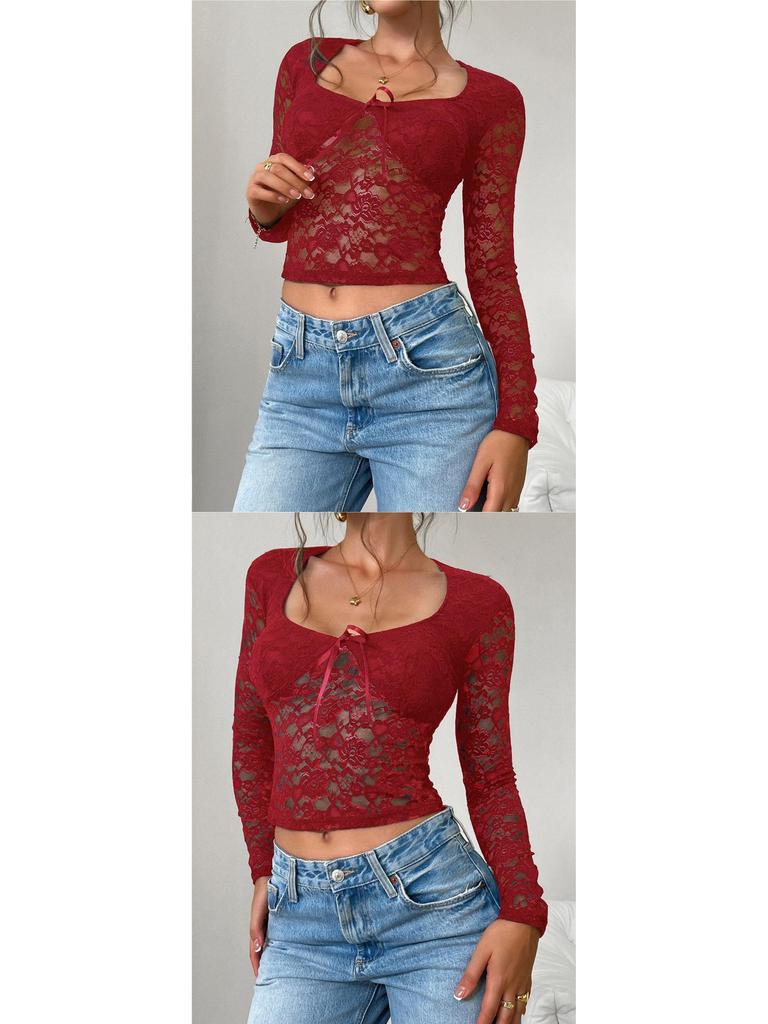 Spring/Summer European-American Sexy Slim Fit Hollow Out Long Sleeve Lace Top