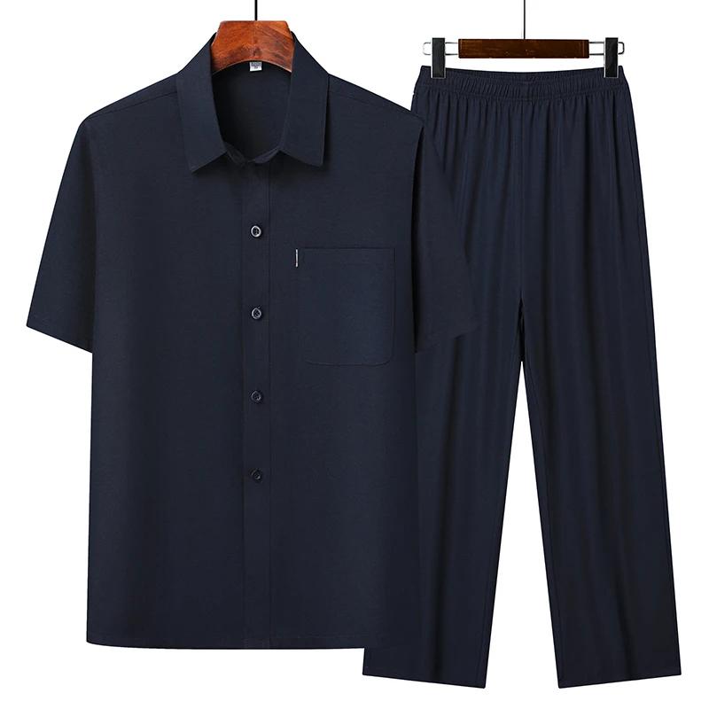

Summer Leisure All Match Middle-aged and Old Dad Men Fashion Trend Grandpa Loose Lapel Half-sleeve Shirt Set 4XL темно-синього кольору