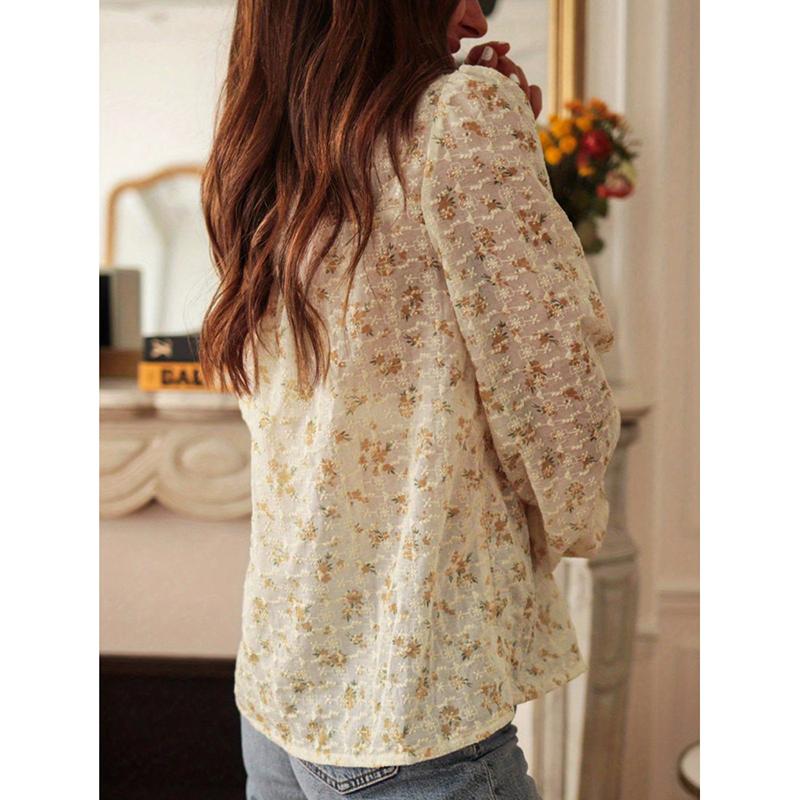Spring Women's Casual Elegant Lace Print Blouse Polyester Spandex Floral Print Long Sleeve Round Neck Regular Sleeve Shirt