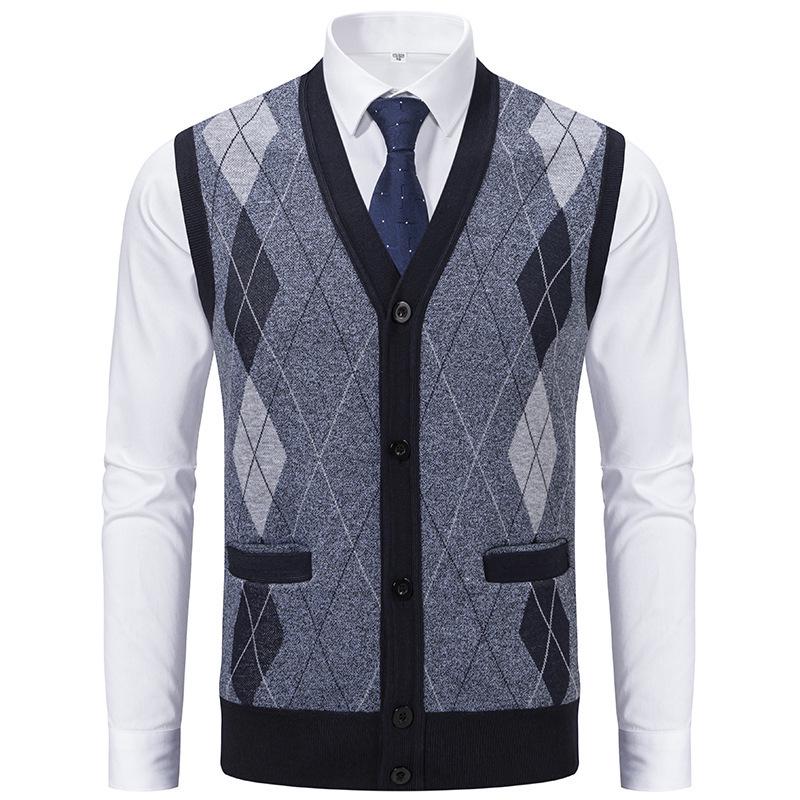 Men's Plaid Knit Cardigan with Velvet Stripes - Loose Casual Poncho Vest for Autumn and Winter
