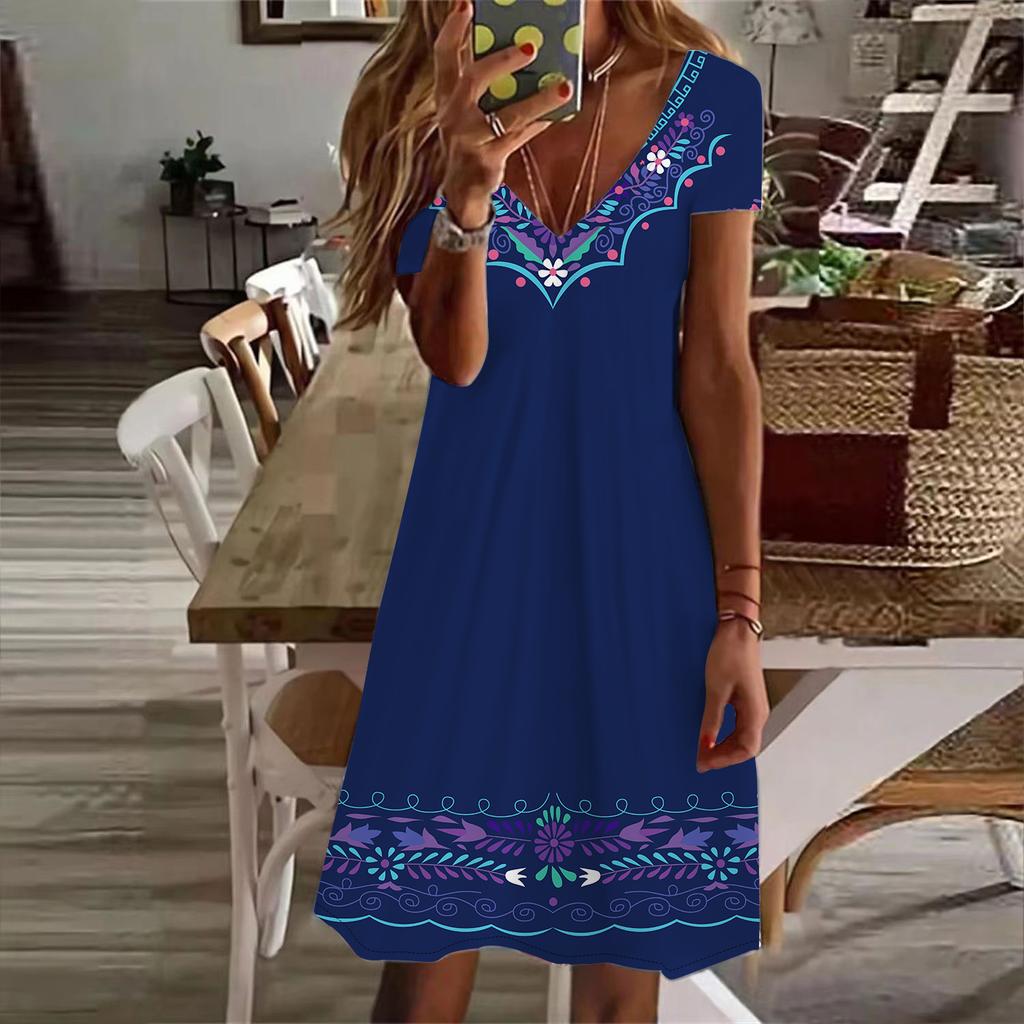 Summer Fashion Women's V Neck Short Sleeve Retro Printed  Dress Sex Short Skirt Dresses