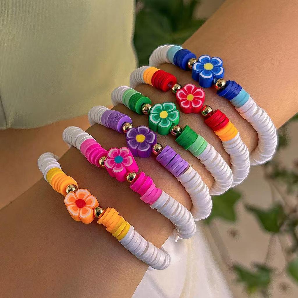 Bohemian Colorful Floral Polymer Clay Elastic Bracelet Set