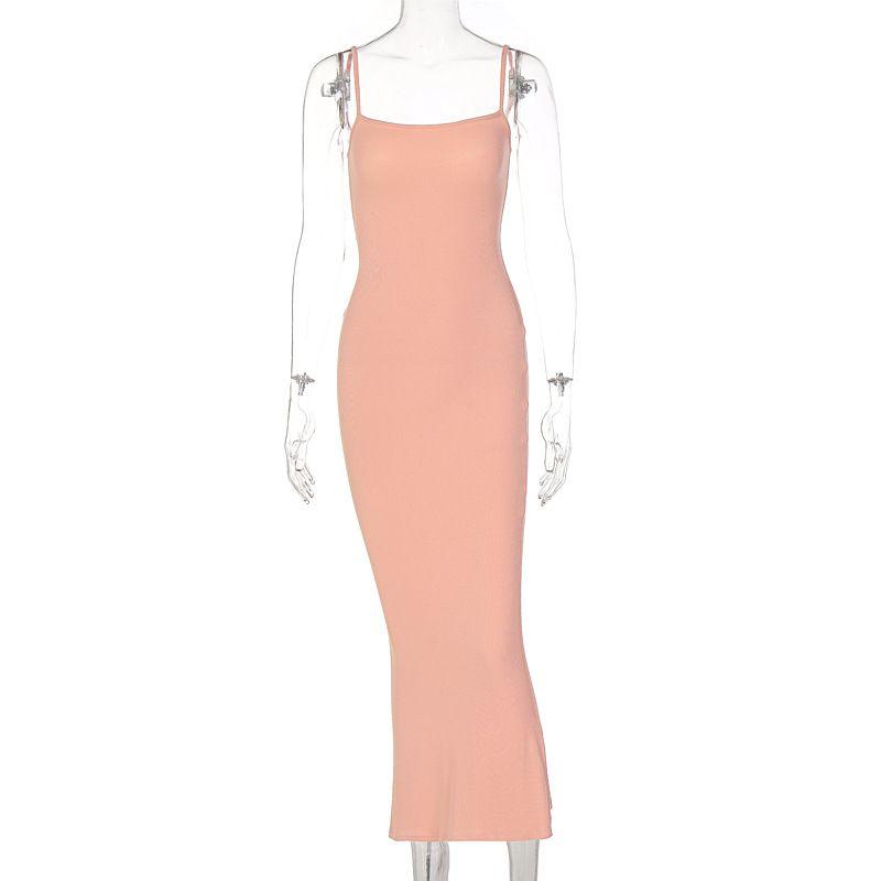 

Strappy Neckline Halter Waist Midi Dress off-Neck Sling Backless Dress Coral color S