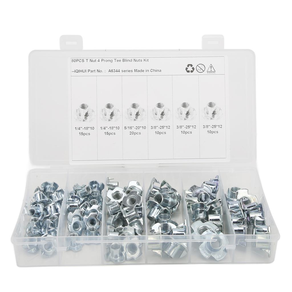 80Pcs T Nuts Carbon Steel Galvanized Layer Rust Resistant Sturdy 1 4in 5 16in 3 8in Pronged Tee Nut