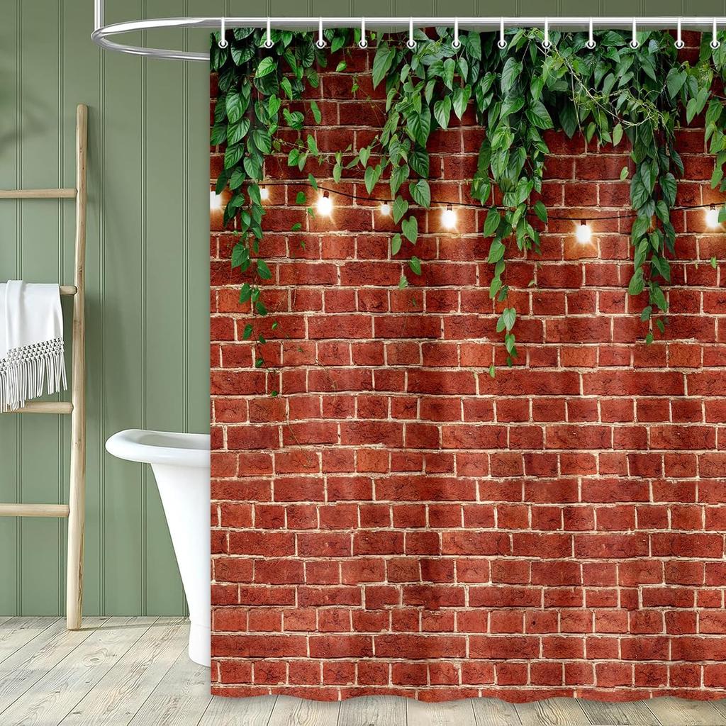 Red Brick Wall With Vines And Lights Pattern Waterproof Shower Curtain 180X200Cm Rustic Farmhouse Style Bath Curtain Home Decor