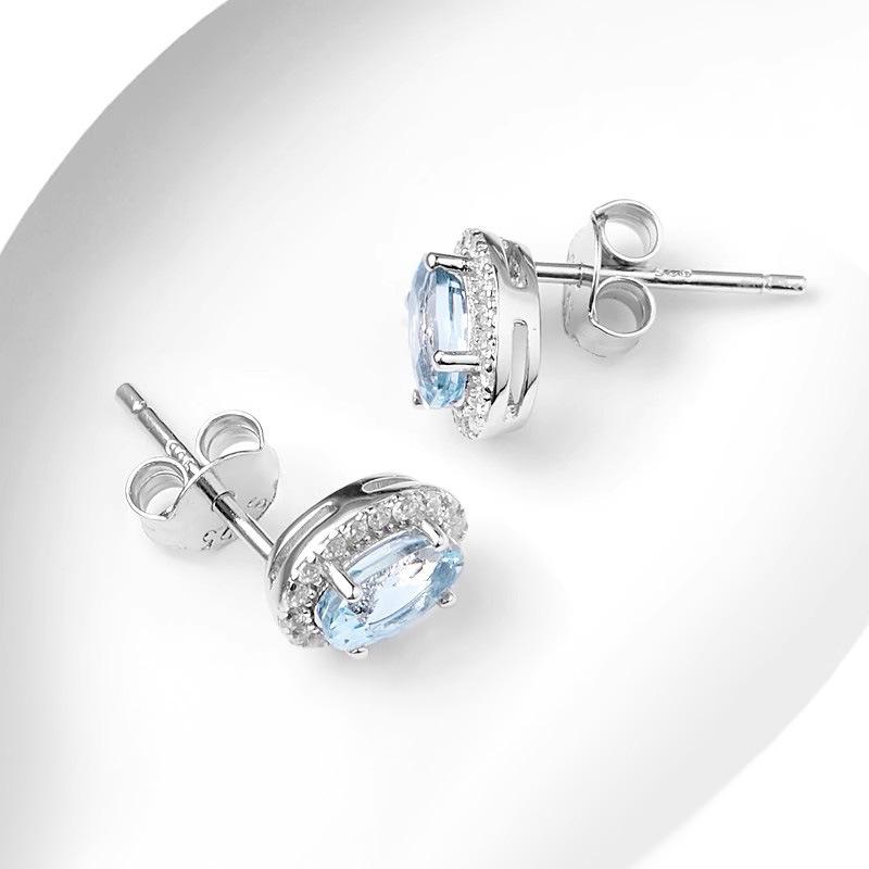 Natural Aquamarine Stud Earrings - S925 Sterling Silver, Blue Crystal, Versatile Ins Style, High-End Women’s Summer Accessories.