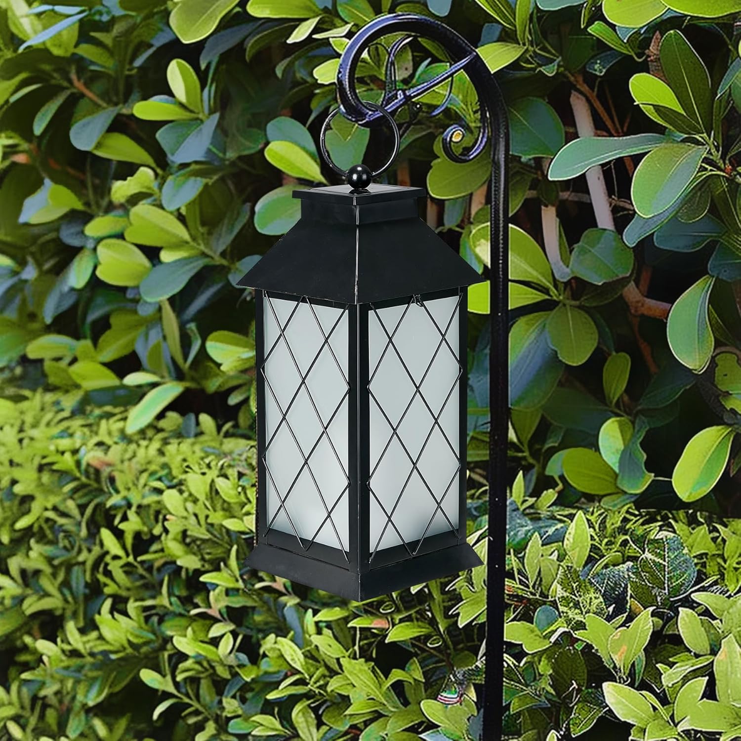 

18 Solar Lanterns Outdoor Waterproof, Glass Flickering Flame Metal Hanging Lantern for Patio Garden Backyard Decoration Antique Bronze