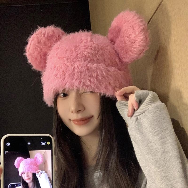 Furry Cartoon Bear Hat with Lovely Ear for Outdoor Sports Furry Hat with Ear Oversized Headgear Hat for Winter