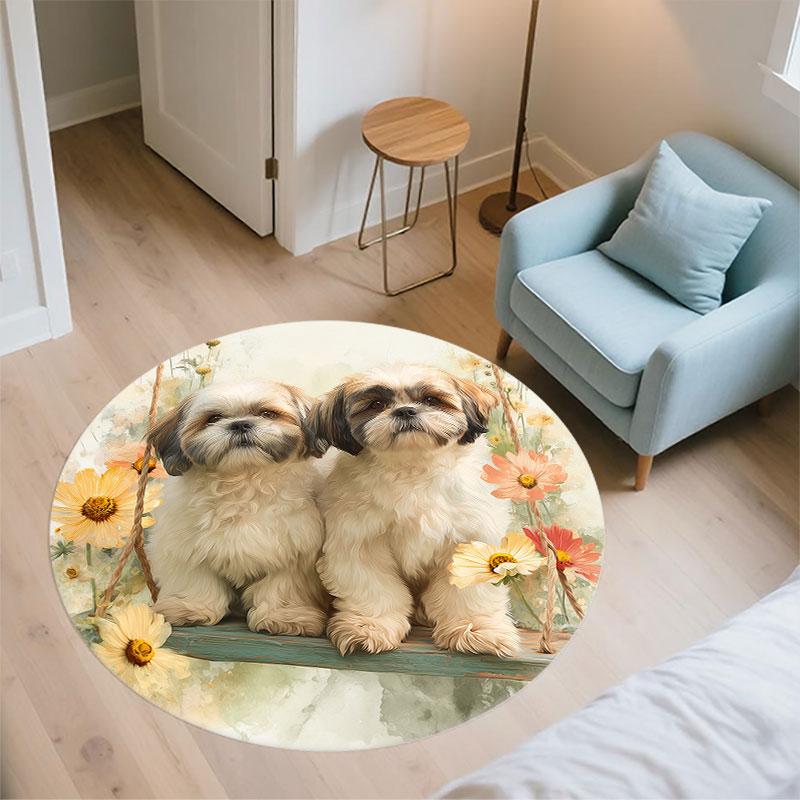 Two Shih Tzus Pattern Round rug,Carpet Rug for Living Room Bedroom Playroom ,Non-slip Floor Mat,Holiday Gifts and Birthday Gifts.
