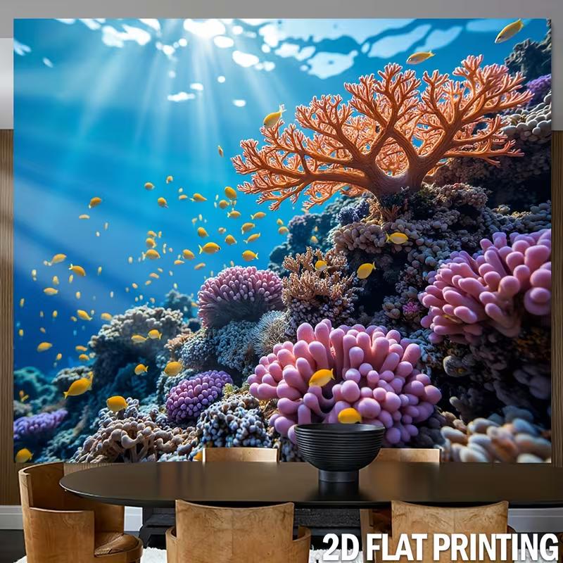 2D Tropical Ocean Banner, Sunlit Underwater Coral Reef with Fish Print Photo Banner 47.2x31.5inch/120*80cm