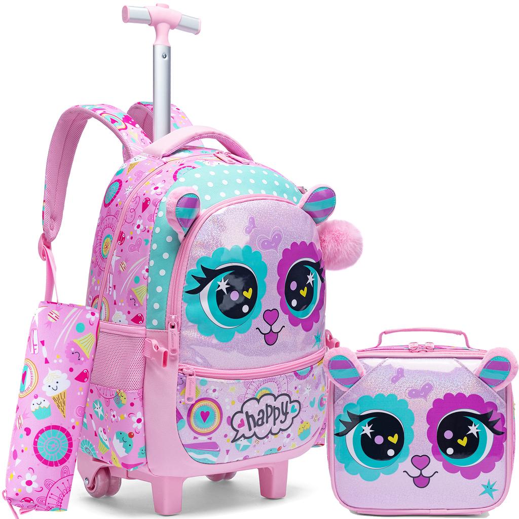 Mädchen Rollrucksack mit Rädern für Kinder Schulkoffer Roller Rucksack Handgepäck Reisegepäck mit Brotdose und Federmäppchen für Mädchen im Alter von 5-12 Jahren
