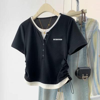 Women's Summer Fashion Design Niche Fake Two Slim Drawstring Short Sleeved Tops