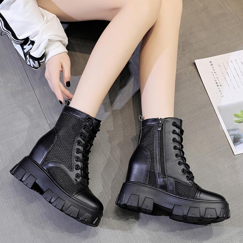 Women's shoes new lace-up inner height increase short boots women's thick sole inner height increase small casual versatile