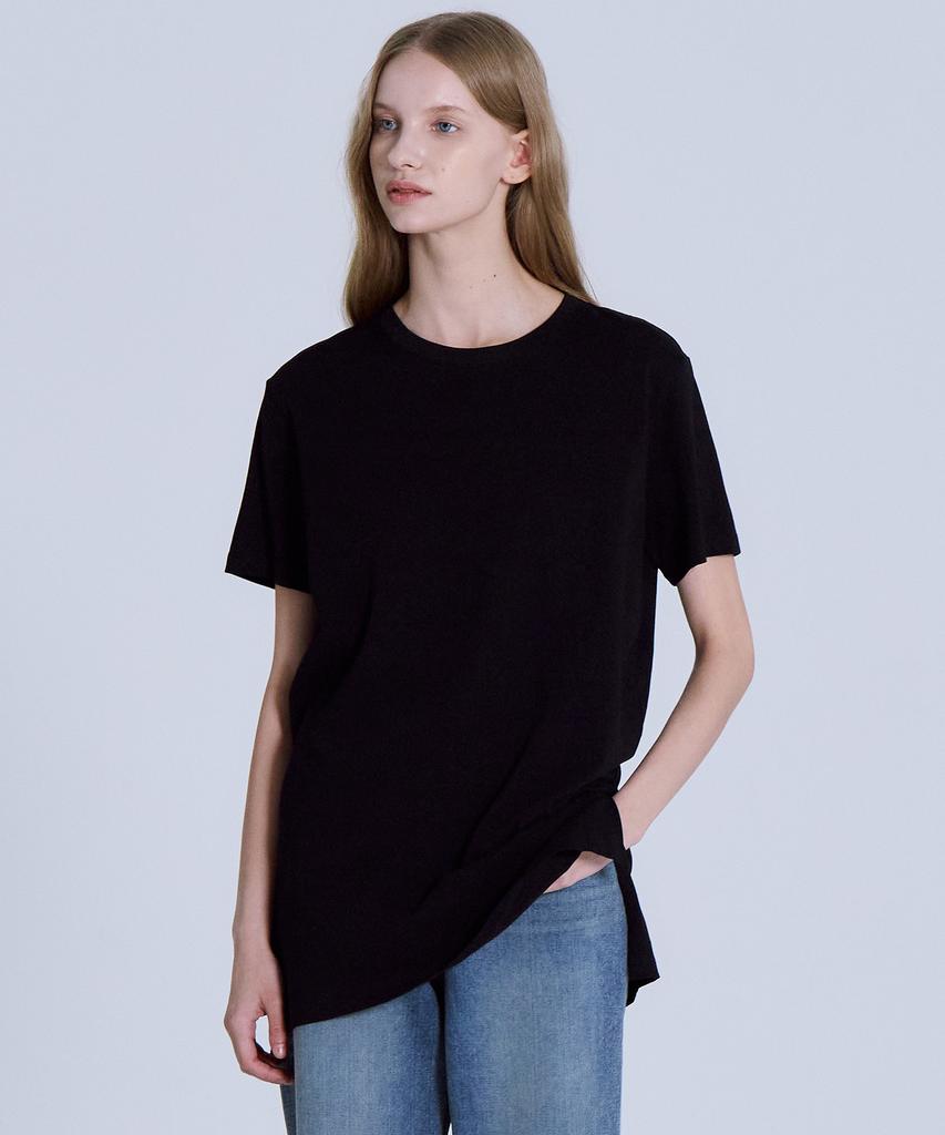 BASIC HOUSE Women'S Cotton Single Layered Long Short Sleeve T-Shirt Black Lats0216