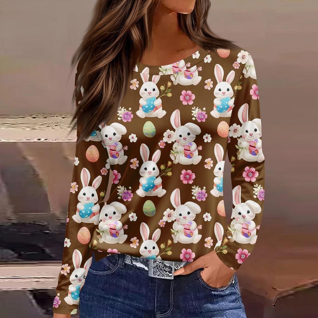 Damenmode Lässig Schlitz Saum Rundhals Langarm Lose Bedrucktes T-Shirt Damen Top