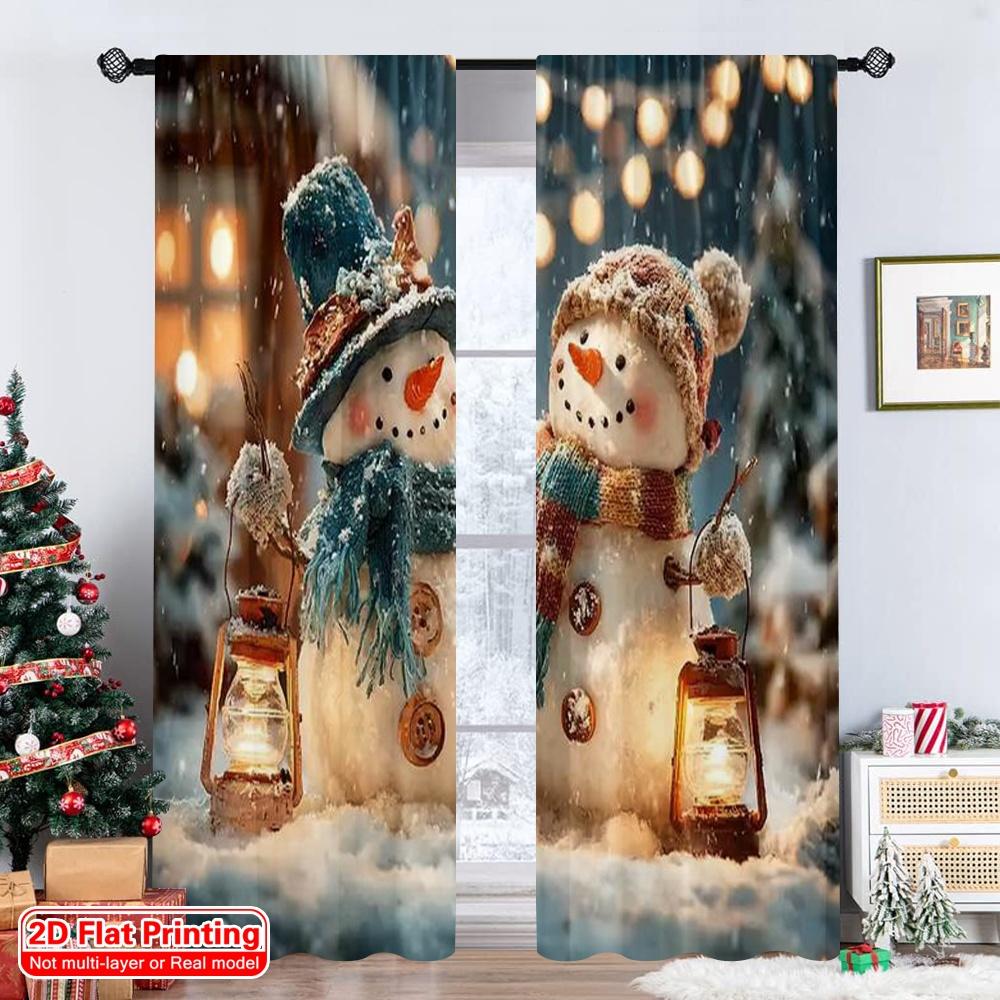 Set Of 2 Flat Printing Merry Christmas Popular Window Curtains Snowman Tree Versatile Fabric Without Electricity Spring Made Polyester