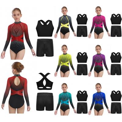 Maillot de danse une pièce pour filles à strass scintillants, bloc de couleurs, manches longues, dos avec ouverture, dos croisé, short, tenue de patinage