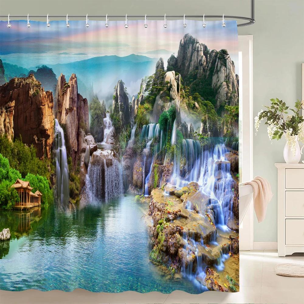 Chinese style Natural Waterfall landscape Shower Curtains Bathroom Curtain Waterproof Polyester Horse Bath Curtain with Hooks