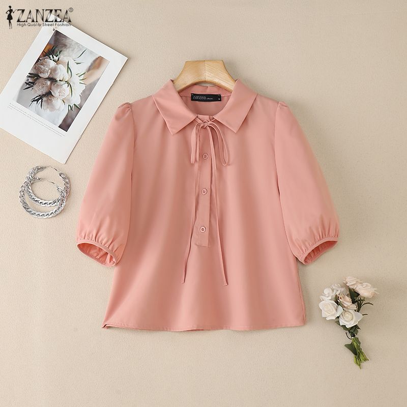 ZANZEA Women Casual Turn Down Collar Summer Short Sleeve Blouse