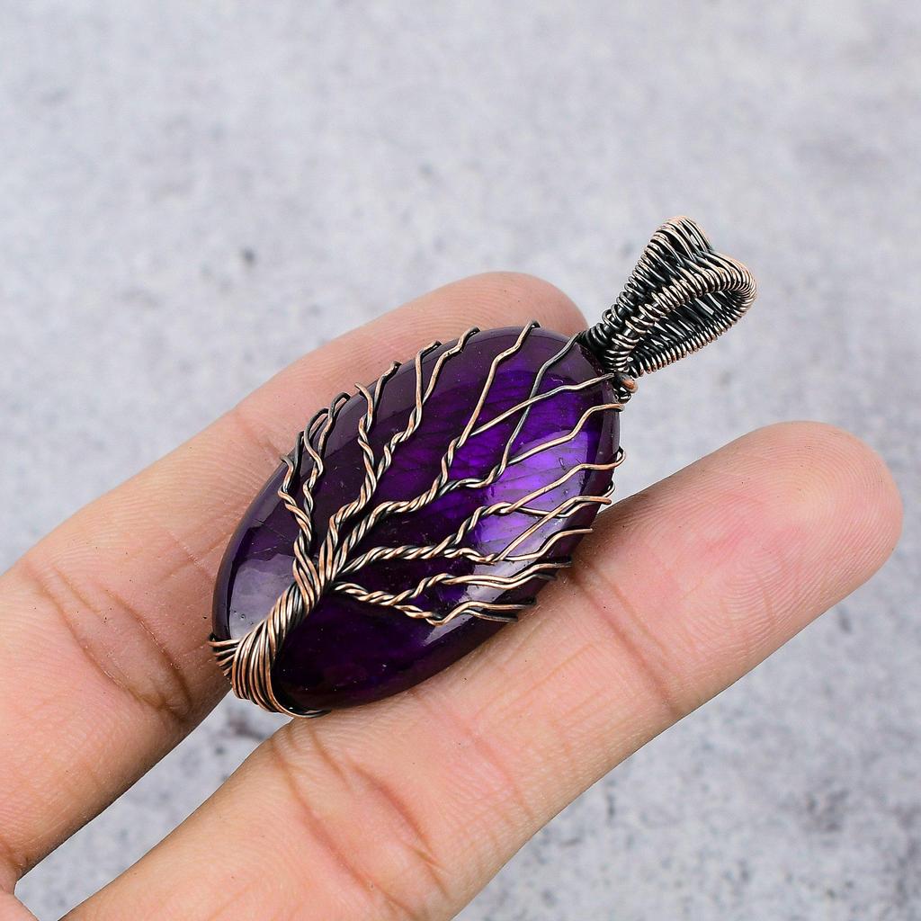 Tree Of Life Pink Flash Labradorite Pendant, 999 Copper Wire Wrapped Gemstone Jewelry, Handmade Pendant For Mother Day