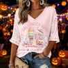 Women's V-Neck Three-Quarter Sleeve Halloween Print Blouse for Costume Party Seasonal Wear