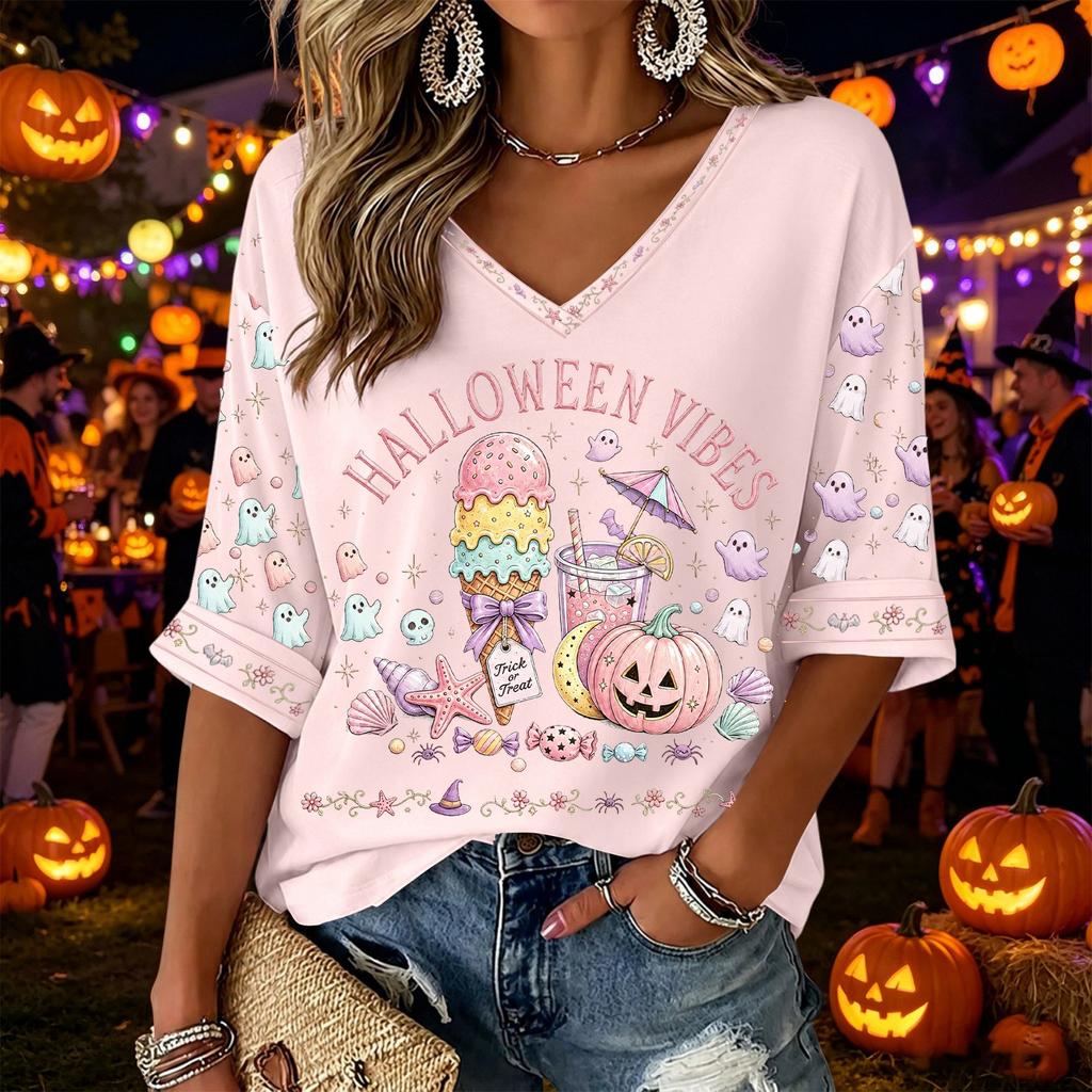 Women's V-Neck Three-Quarter Sleeve Halloween Print Blouse for Costume Party Seasonal Wear