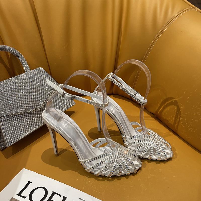Package Foot Rhinestones 2025 Summer New Round Head Hollow Stiletto Sandals Feminine Temperament Banquet Princess Shoes High Hee